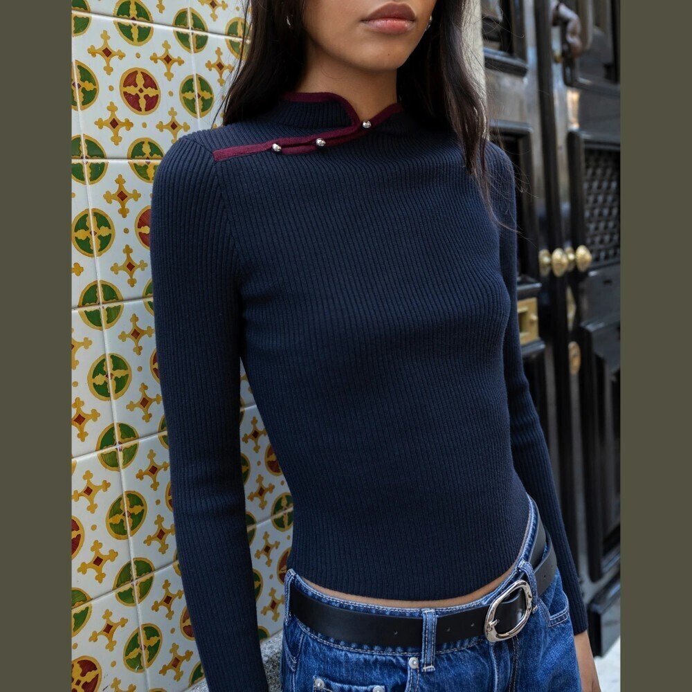 Navy Ribbed Knit Contrast Trim Snap Stand Collar Slim Fit Sweater
